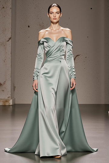 Mint Green A-Line Off The Shoulder Maxi Evening Dress with Long Sleeves